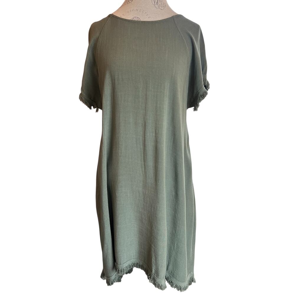 Vasna Made in Italy Linen Blend Fringe Dress Olive Green High Low Petite M NWT